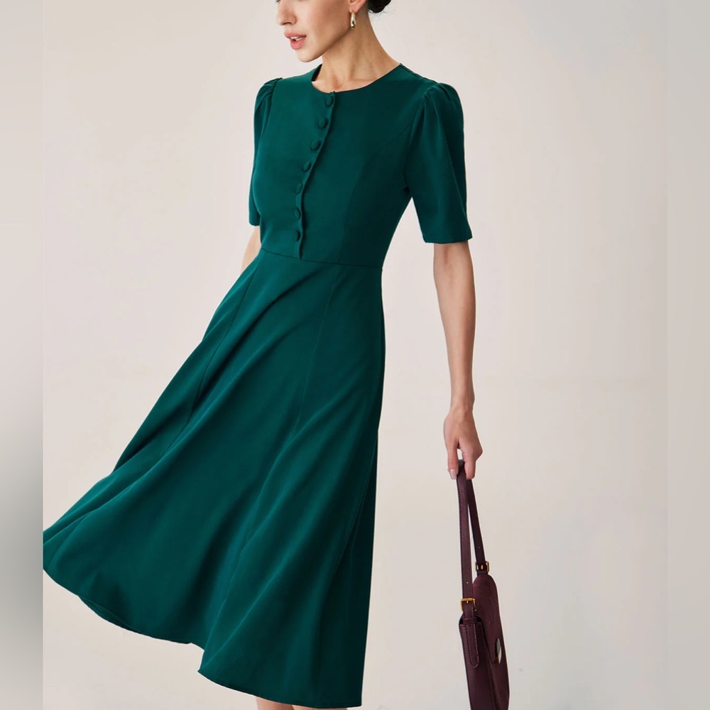 Rihoas Green Puffed Sleeve Button Midi Dress - Picture 3 of 8